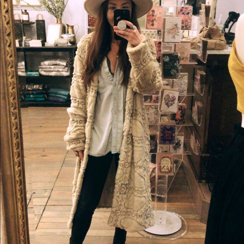 Embroidered Faux Fur Coat